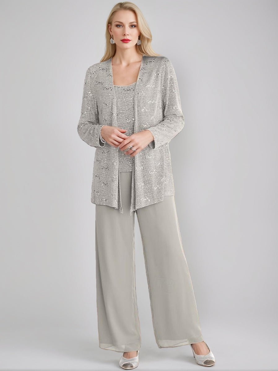 Chiffon pantsuit with jacket and sequin embellishments in silver, perfect elegant outfit for the mother of the bride. 3
