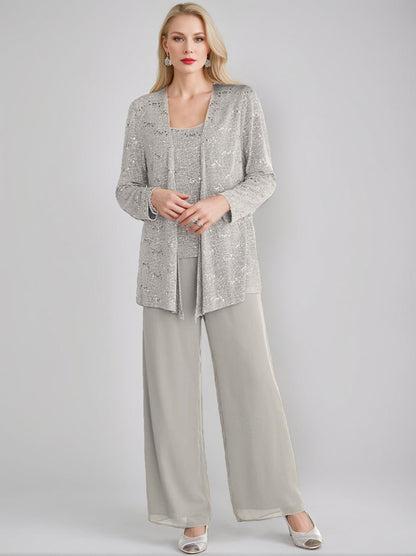 Chiffon pantsuit with jacket and sequin embellishments in silver, perfect elegant outfit for the mother of the bride. 3