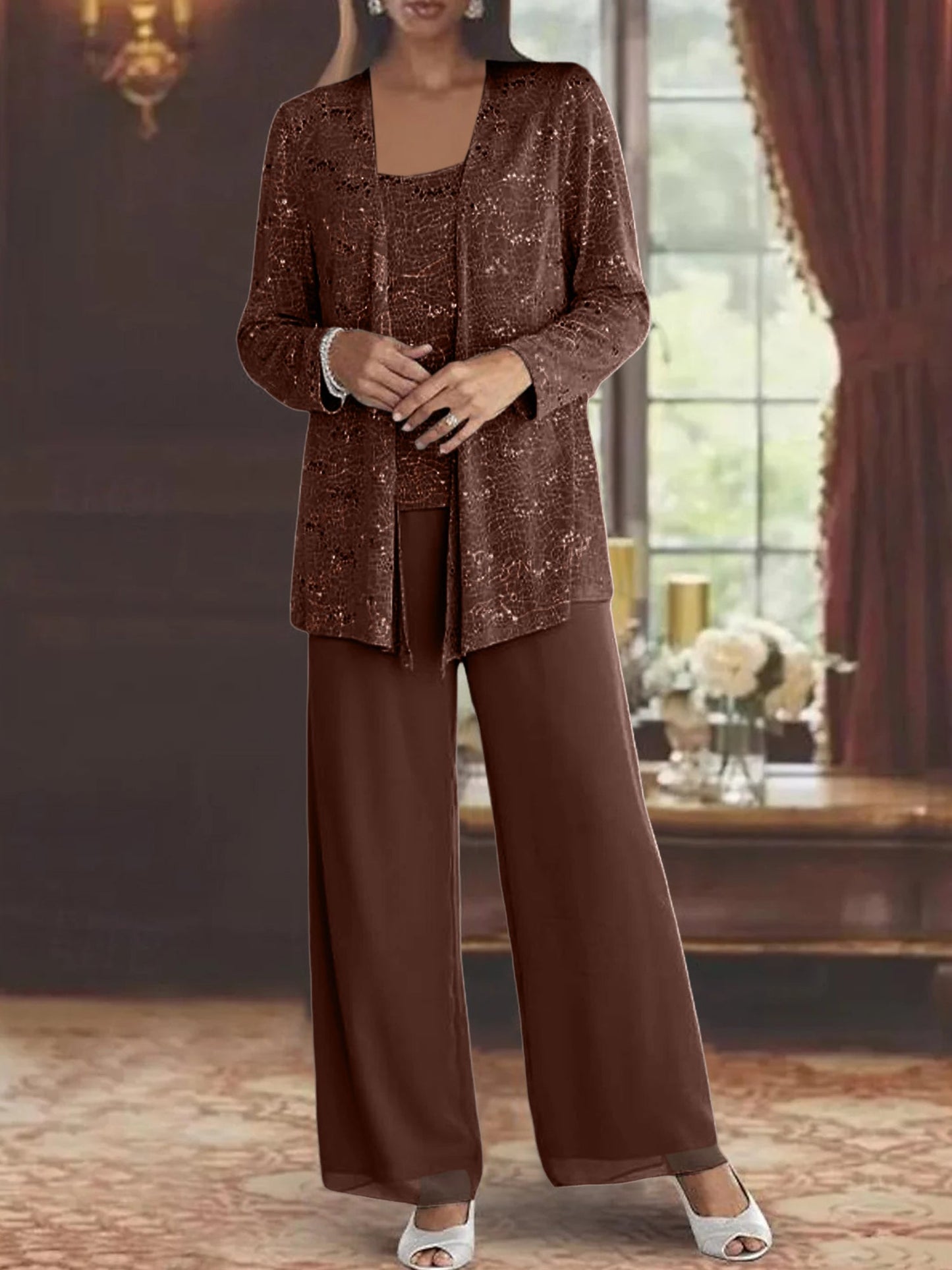 Chiffon pantsuit with jacket and sequin embellishments in silver, perfect elegant outfit for the mother of the bride. 37