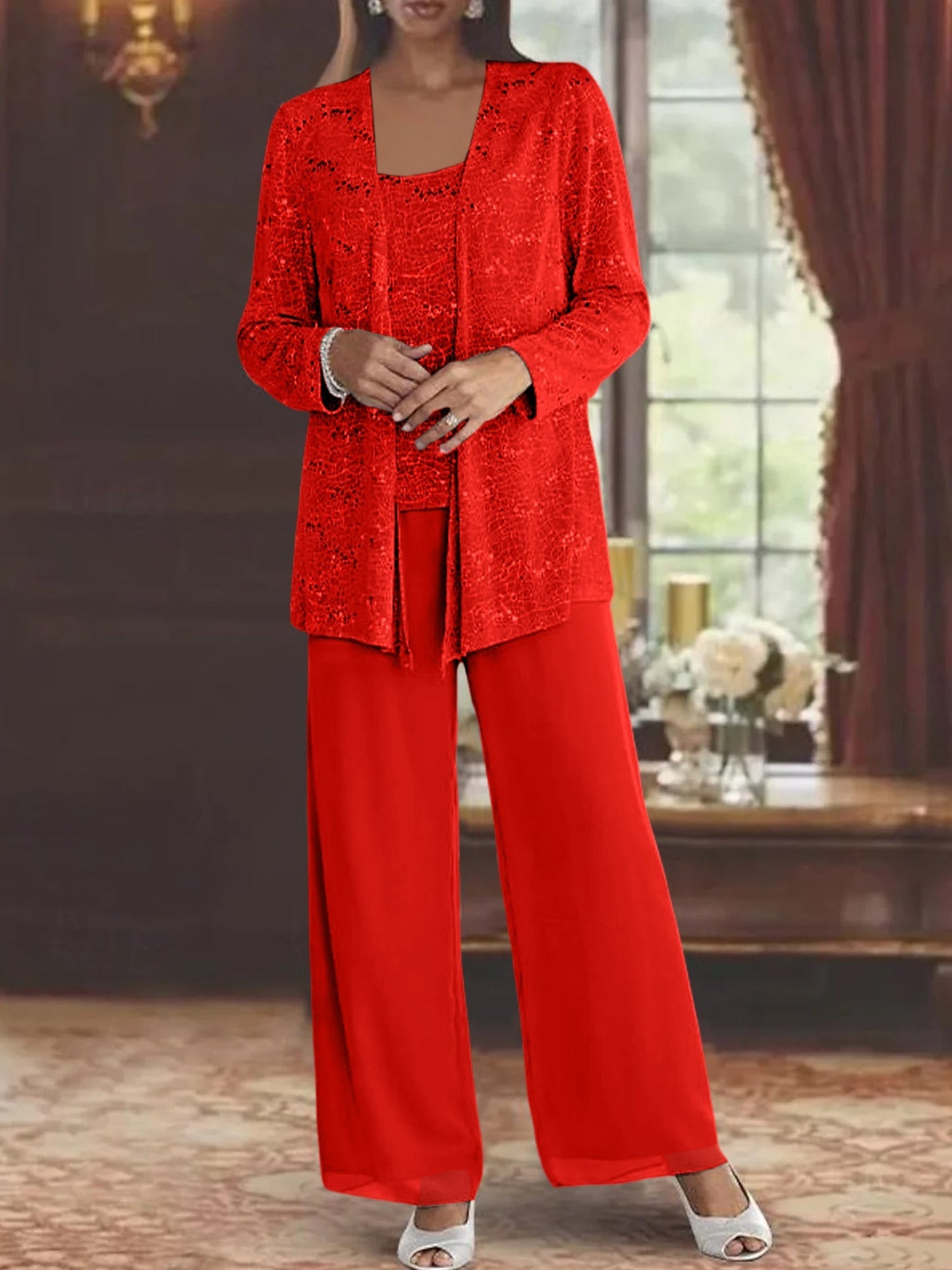Chiffon pantsuit with jacket and sequin embellishments in silver, perfect elegant outfit for the mother of the bride. 42