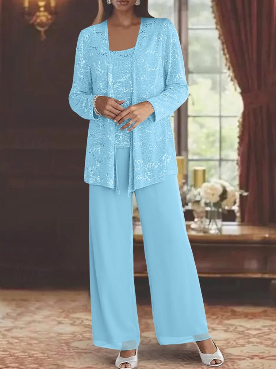 Chiffon pantsuit with jacket and sequin embellishments in silver, perfect elegant outfit for the mother of the bride. 38