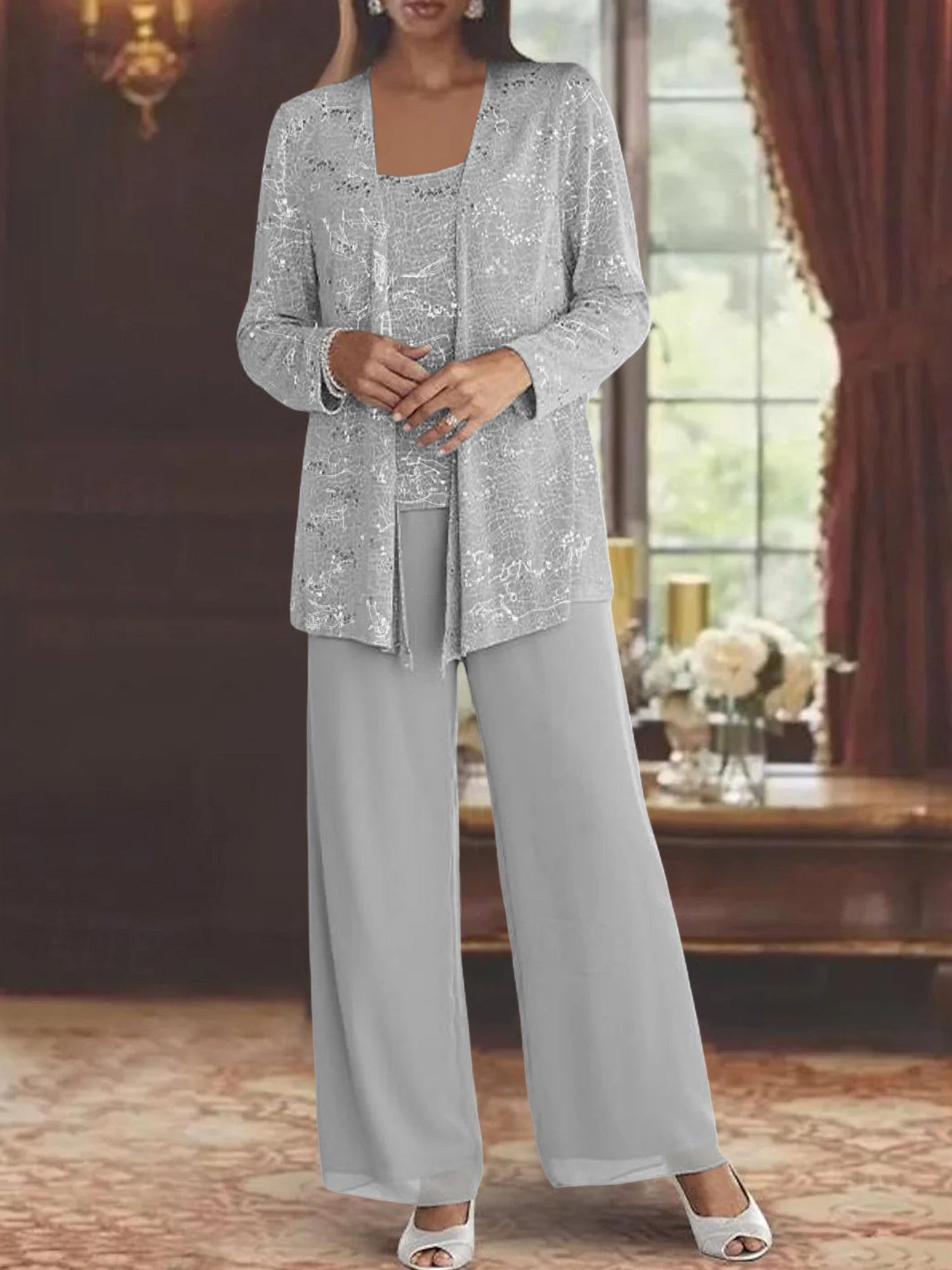 Chiffon pantsuit with jacket and sequin embellishments in silver, perfect elegant outfit for the mother of the bride. 0