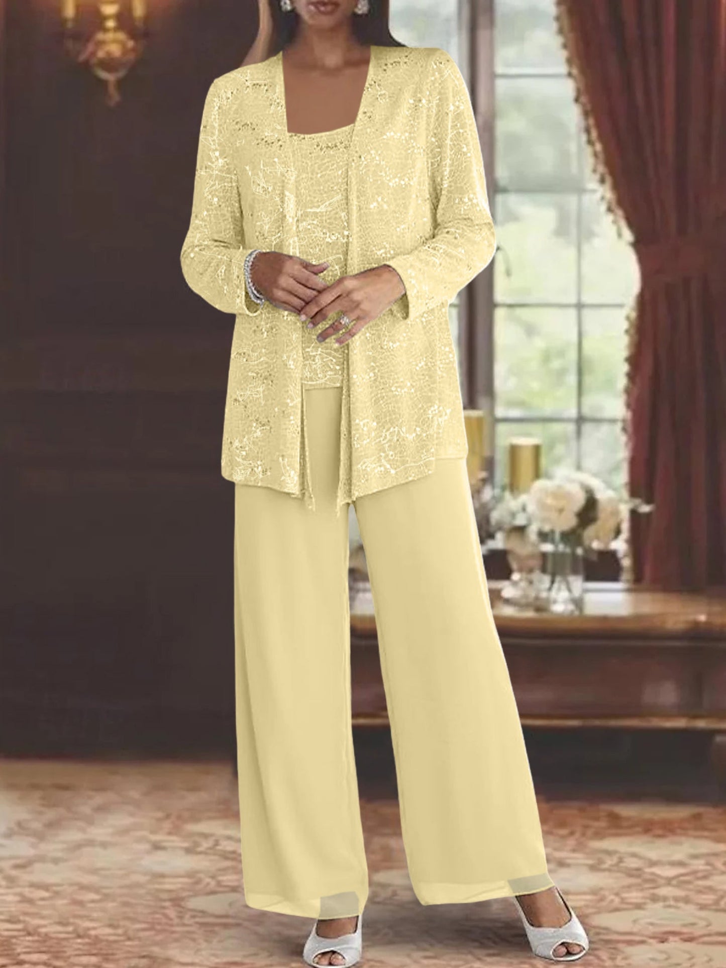 Chiffon pantsuit with jacket and sequin embellishments in silver, perfect elegant outfit for the mother of the bride. 48