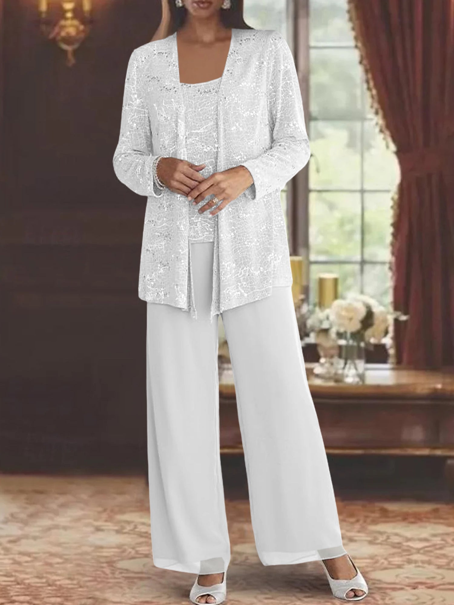 Chiffon pantsuit with jacket and sequin embellishments in silver, perfect elegant outfit for the mother of the bride. 33