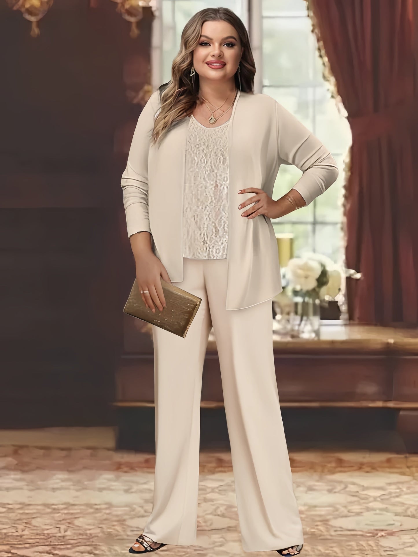 Elegant champagne chiffon pantsuit with jacket, designed for the mother of the bride, featuring a sophisticated and stylish look perfect for weddings. 5