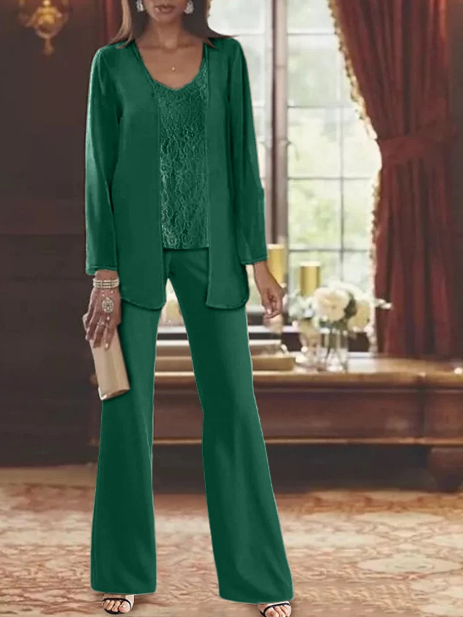 Elegant champagne chiffon pantsuit with jacket, designed for the mother of the bride, featuring a sophisticated and stylish look perfect for weddings. 57