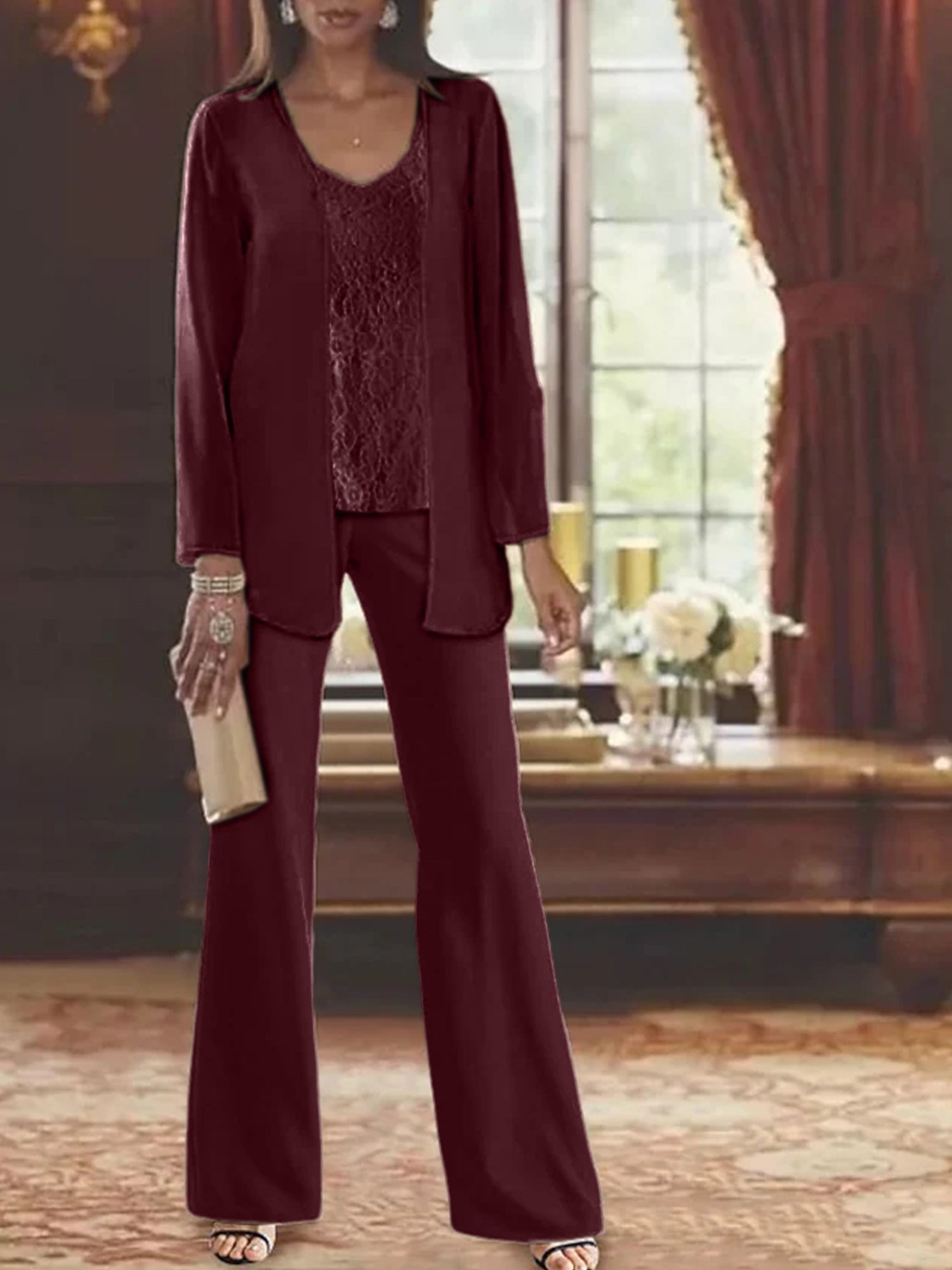 Elegant champagne chiffon pantsuit with jacket, designed for the mother of the bride, featuring a sophisticated and stylish look perfect for weddings. 34