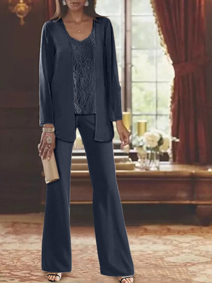Elegant champagne chiffon pantsuit with jacket, designed for the mother of the bride, featuring a sophisticated and stylish look perfect for weddings. 69