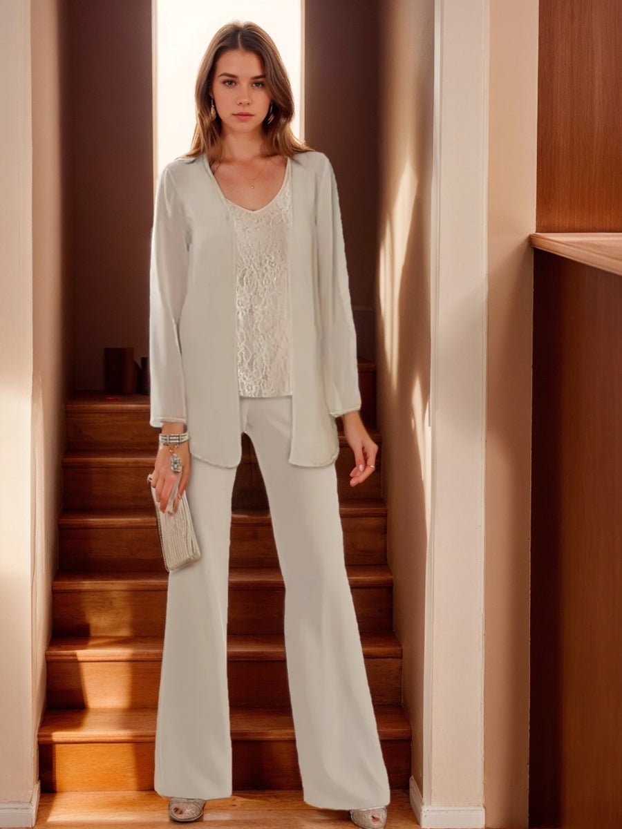 Elegant champagne chiffon pantsuit with jacket, designed for the mother of the bride, featuring a sophisticated and stylish look perfect for weddings. 4