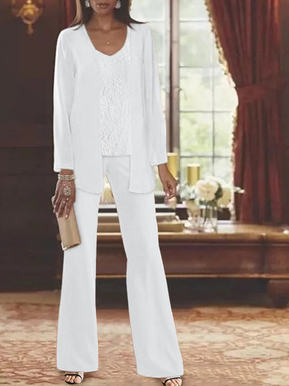 Elegant champagne chiffon pantsuit with jacket, designed for the mother of the bride, featuring a sophisticated and stylish look perfect for weddings. 17