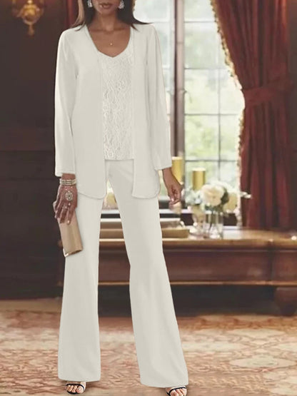 Elegant champagne chiffon pantsuit with jacket, designed for the mother of the bride, featuring a sophisticated and stylish look perfect for weddings. 50