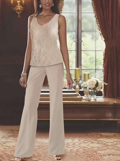 Elegant champagne chiffon pantsuit with jacket, designed for the mother of the bride, featuring a sophisticated and stylish look perfect for weddings. 2