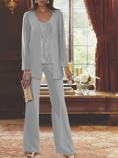 Elegant champagne chiffon pantsuit with jacket, designed for the mother of the bride, featuring a sophisticated and stylish look perfect for weddings. 32