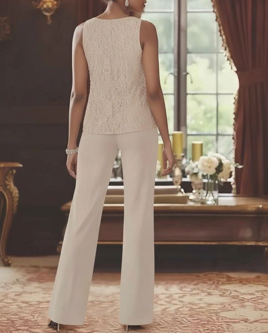 Elegant champagne chiffon pantsuit with jacket, designed for the mother of the bride, featuring a sophisticated and stylish look perfect for weddings. 3