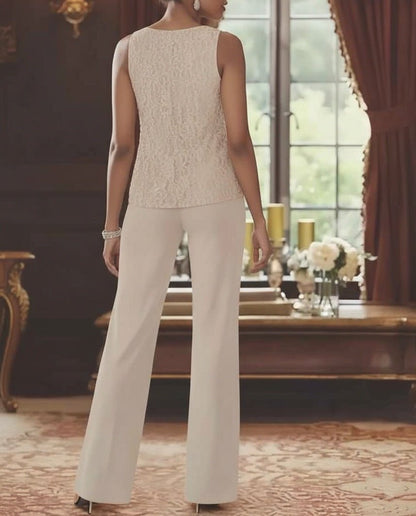 Elegant champagne chiffon pantsuit with jacket, designed for the mother of the bride, featuring a sophisticated and stylish look perfect for weddings. 3