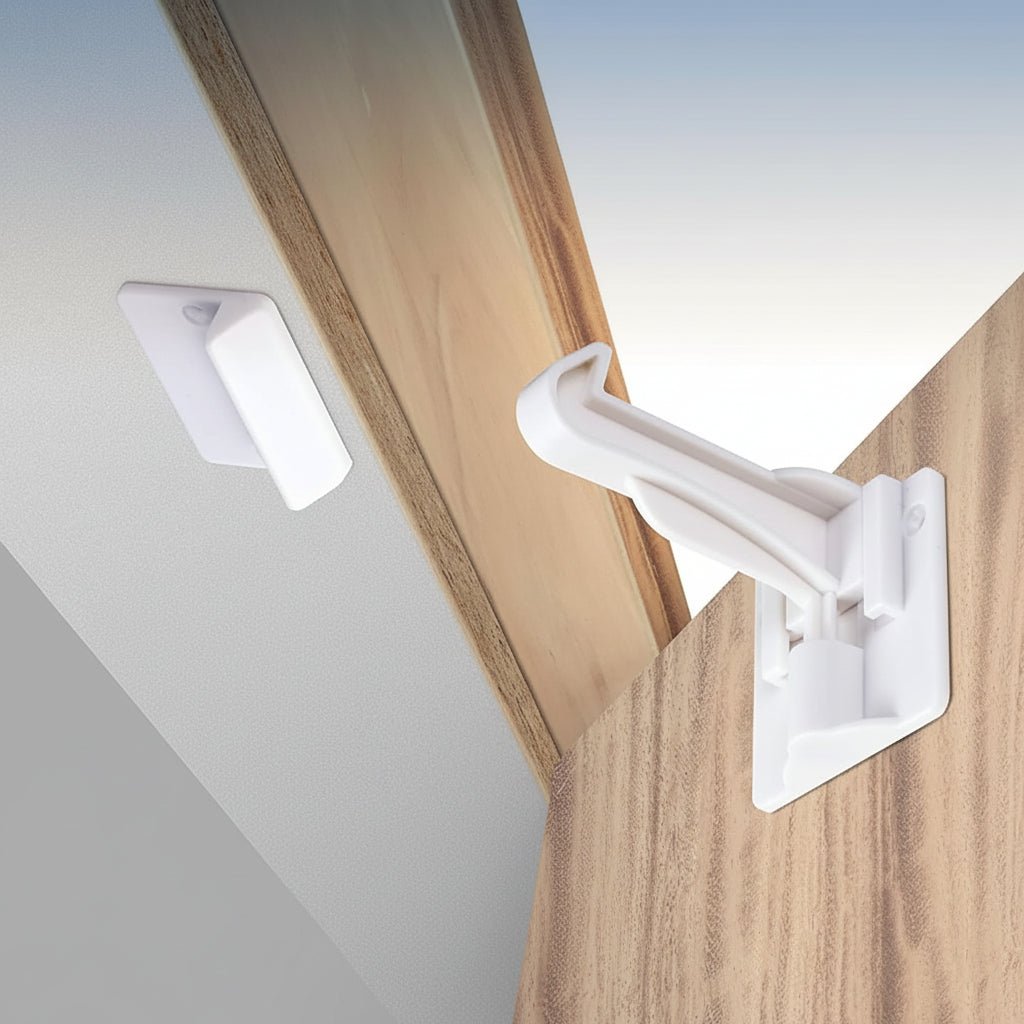Child safety cabinet locks featuring an invisible adhesive latch for easy no-drill installation, perfect for securing drawers and cupboards to keep toddlers safe. 2