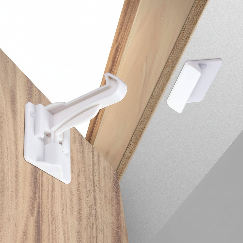 Child safety cabinet locks featuring an invisible adhesive latch for easy no-drill installation, perfect for securing drawers and cupboards to keep toddlers safe. 1