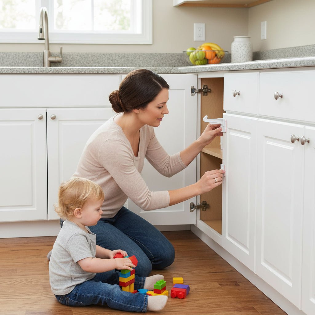 Child safety cabinet locks featuring an invisible adhesive latch for easy no-drill installation, perfect for securing drawers and cupboards to keep toddlers safe. 0