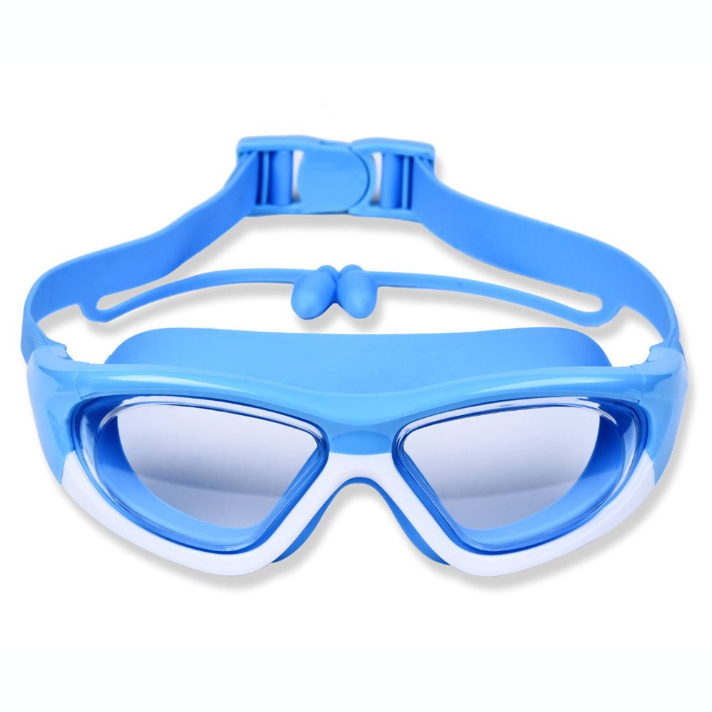 Children's anti-fog swimming goggles featuring an adjustable strap and large frame, designed for comfort with a soft silicone material. 0