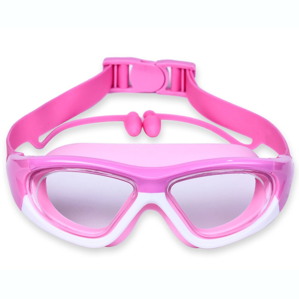 Children's anti-fog swimming goggles featuring an adjustable strap and large frame, designed for comfort with a soft silicone material. 4