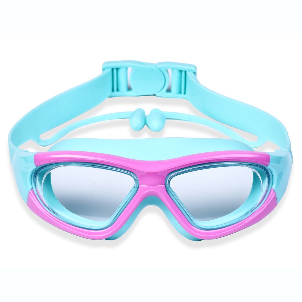 Children's anti-fog swimming goggles featuring an adjustable strap and large frame, designed for comfort with a soft silicone material. 10
