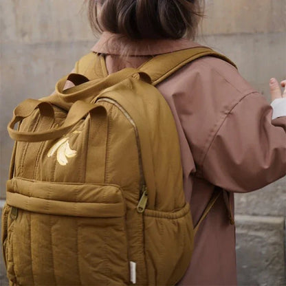 Children's backpack made from durable polyester featuring a stylish multi-colored plaid design, lightweight construction, and ergonomic shape for comfort. 1