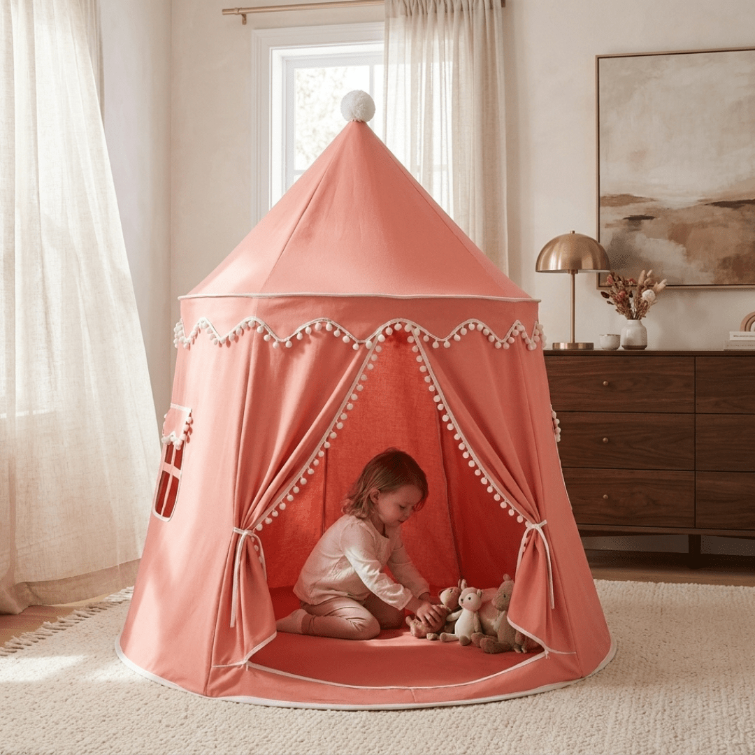 Children's canvas play teepee featuring solid pine poles, designed in a neutral style suitable for both indoor and outdoor play. 6