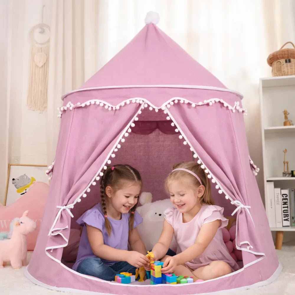 Children's canvas play teepee featuring solid pine poles, designed in a neutral style suitable for both indoor and outdoor play. 2