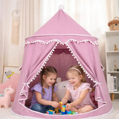 Children's canvas play teepee featuring solid pine poles, designed in a neutral style suitable for both indoor and outdoor play. 2