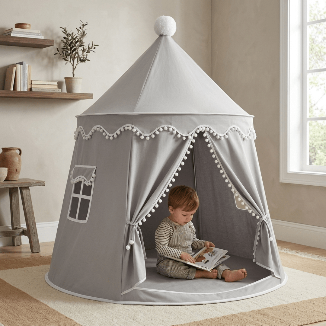 Children's canvas play teepee featuring solid pine poles, designed in a neutral style suitable for both indoor and outdoor play. 9
