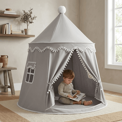 Children's canvas play teepee featuring solid pine poles, designed in a neutral style suitable for both indoor and outdoor play. 9
