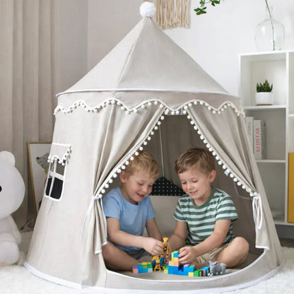 Children's canvas play teepee featuring solid pine poles, designed in a neutral style suitable for both indoor and outdoor play. 3