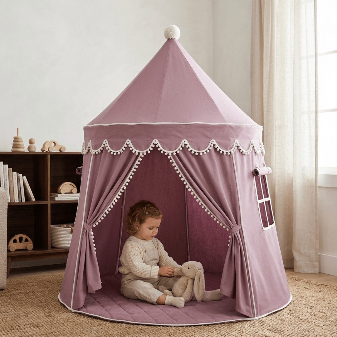 Children's canvas play teepee featuring solid pine poles, designed in a neutral style suitable for both indoor and outdoor play. 7