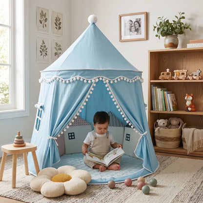 Children's canvas play teepee featuring solid pine poles, designed in a neutral style suitable for both indoor and outdoor play. 5