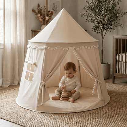 Children's canvas play teepee featuring solid pine poles, designed in a neutral style suitable for both indoor and outdoor play. 8