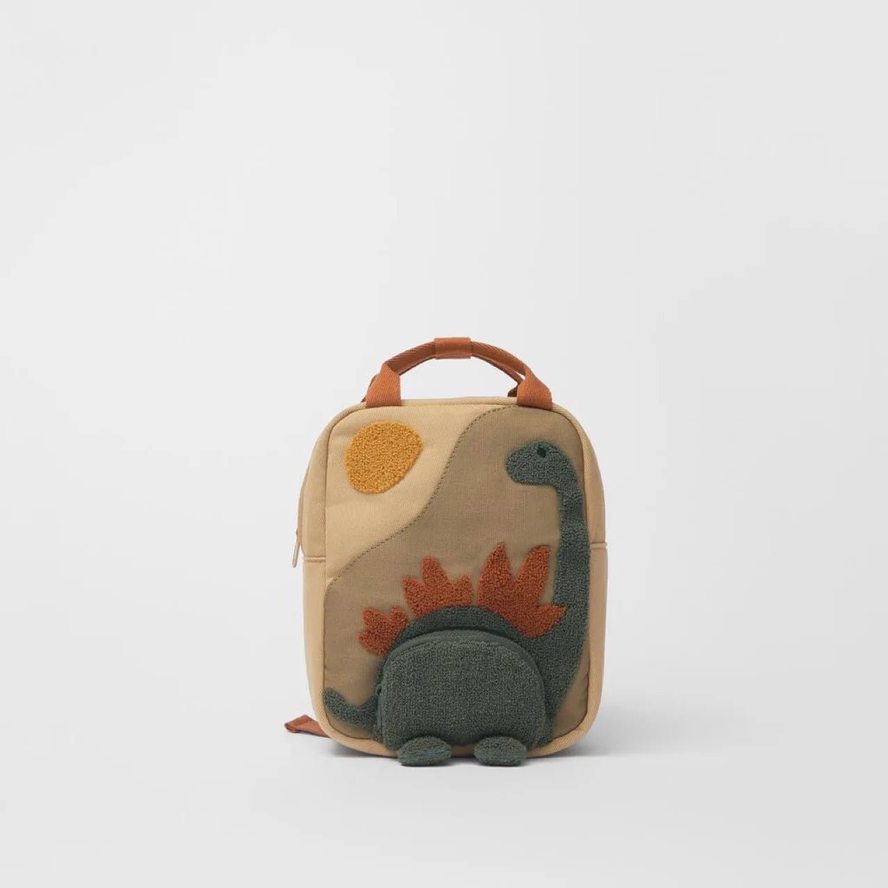 Children's dinosaur backpack featuring customizable embroidery, made from durable canvas with comfortable straps, designed in a fun multi-color pattern. 0