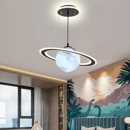 Children's LED Hanging Lamp featuring a planet design, crafted from metal and acrylic, available in blue and orange color options, offering energy-efficient lighting for a 0