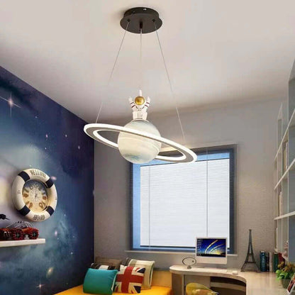 Children's LED Hanging Lamp featuring a planet design, crafted from metal and acrylic, available in blue and orange color options, offering energy-efficient lighting for a 3