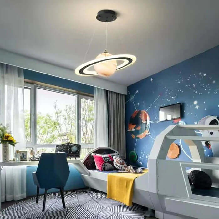 Children's LED Hanging Lamp featuring a planet design, crafted from metal and acrylic, available in blue and orange color options, offering energy-efficient lighting for a 2