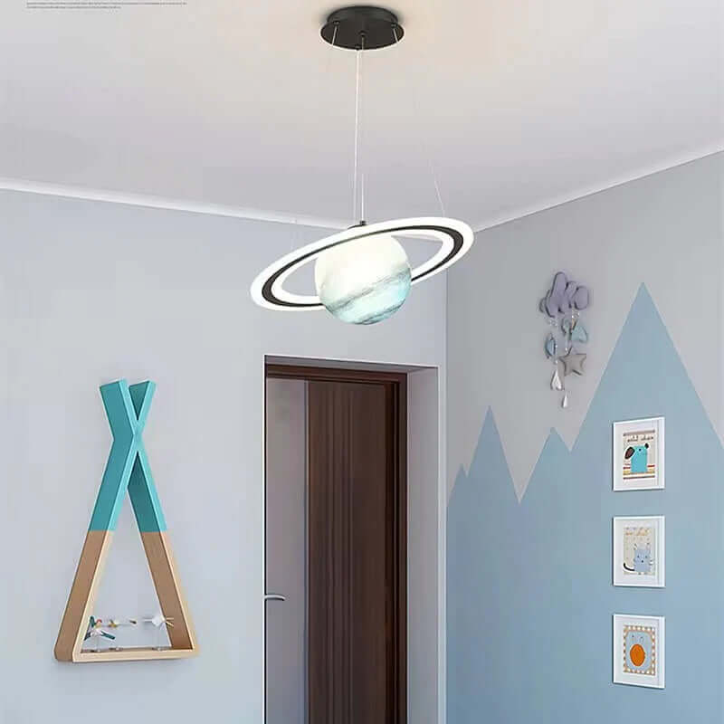 Children's LED Hanging Lamp featuring a planet design, crafted from metal and acrylic, available in blue and orange color options, offering energy-efficient lighting for a 8