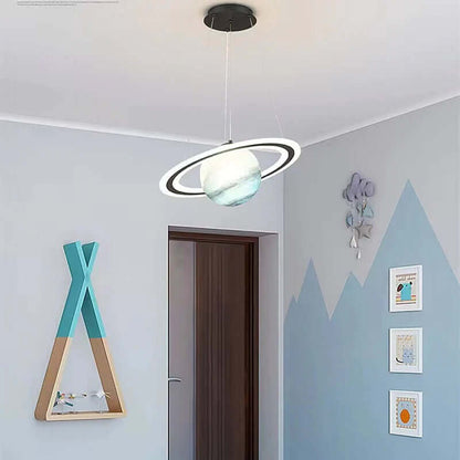 Children's LED Hanging Lamp featuring a planet design, crafted from metal and acrylic, available in blue and orange color options, offering energy-efficient lighting for a 8