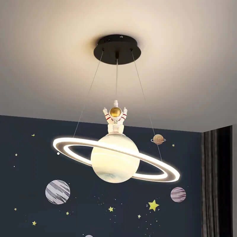 Children's LED Hanging Lamp featuring a planet design, crafted from metal and acrylic, available in blue and orange color options, offering energy-efficient lighting for a 7