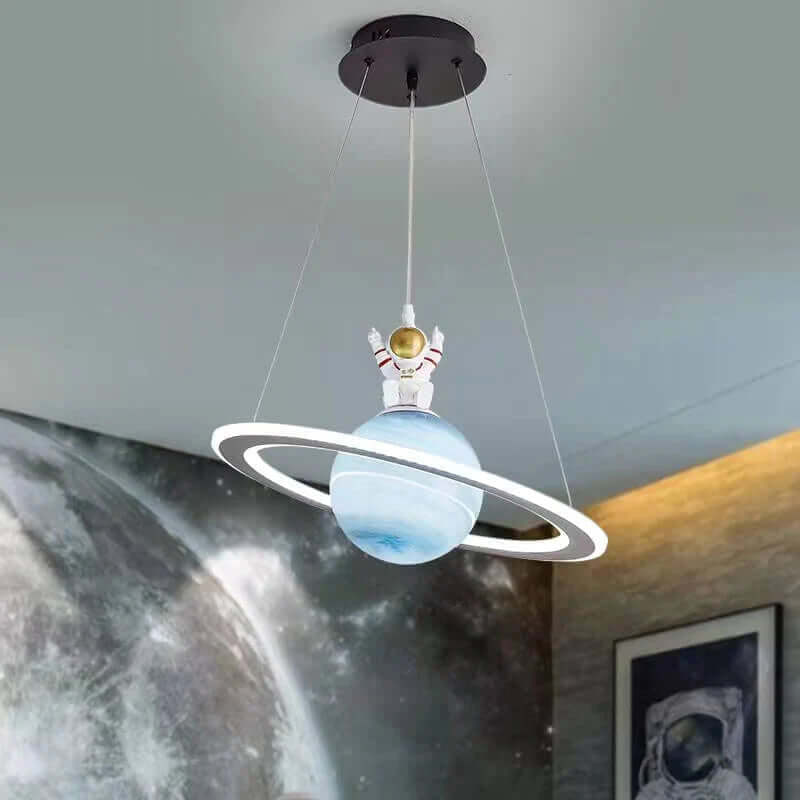 Children's LED Hanging Lamp featuring a planet design, crafted from metal and acrylic, available in blue and orange color options, offering energy-efficient lighting for a 4