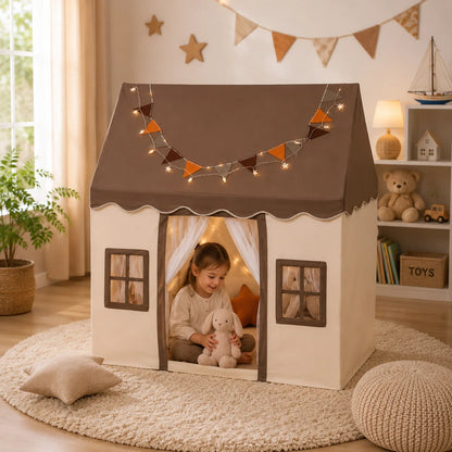 Childrens play tent featuring a soft cotton canopy and sturdy poles in a neutral teepee design, perfect for indoor imaginative play and creativity. 7