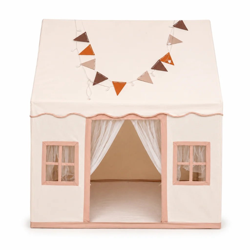 Childrens play tent featuring a soft cotton canopy and sturdy poles in a neutral teepee design, perfect for indoor imaginative play and creativity. 1