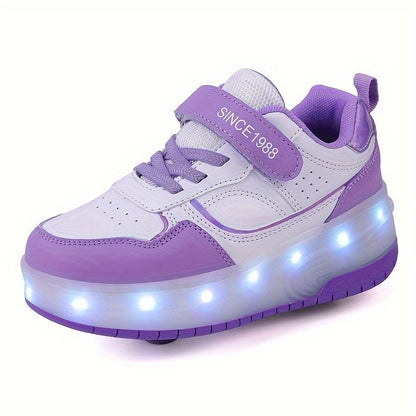 Children's roller sneakers featuring LED lights, removable wheels, and a breathable, durable design perfect for indoor and outdoor play. 2