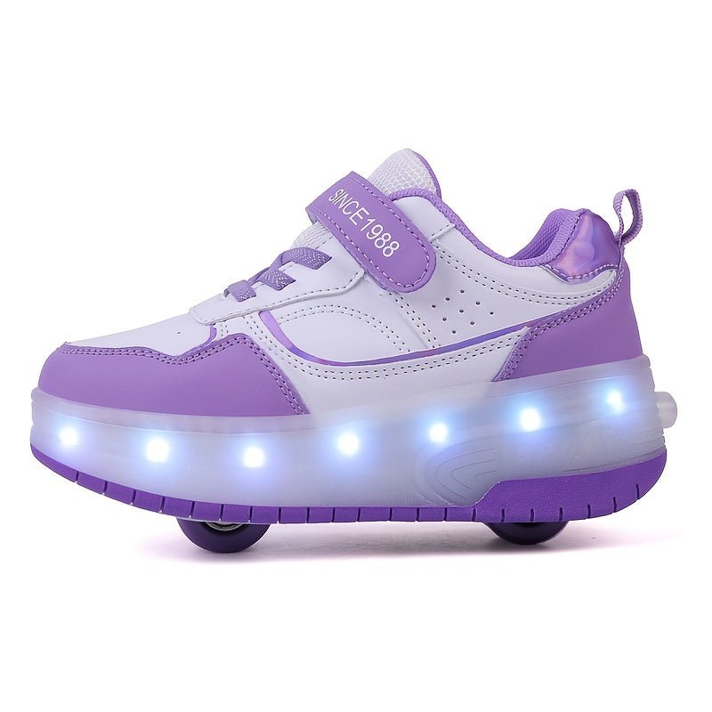 Children's roller sneakers featuring LED lights, removable wheels, and a breathable, durable design perfect for indoor and outdoor play. 0