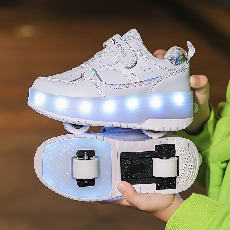 Children's roller sneakers featuring LED lights, removable wheels, and a breathable, durable design perfect for indoor and outdoor play. 3