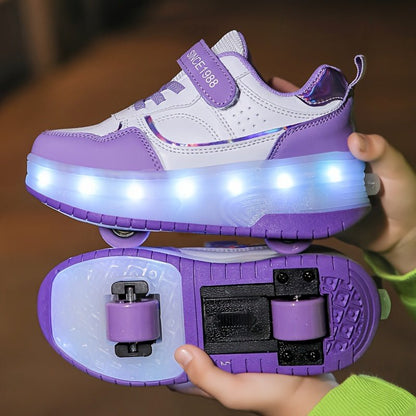 Children's roller sneakers featuring LED lights, removable wheels, and a breathable, durable design perfect for indoor and outdoor play. 1