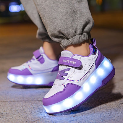 Children's roller sneakers featuring LED lights, removable wheels, and a breathable, durable design perfect for indoor and outdoor play. 6